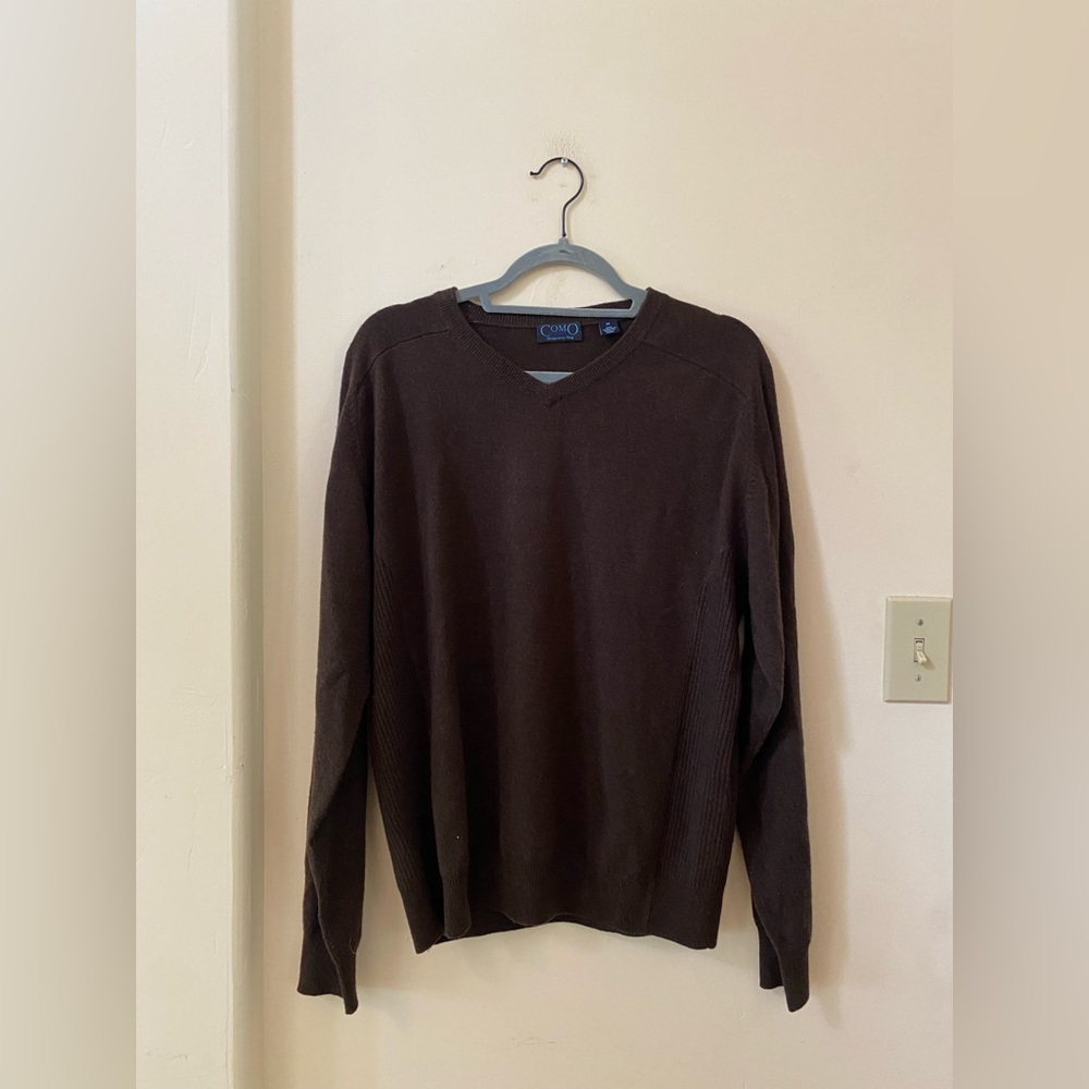 COMO Sport 100% Cashmere V-Neck Brown Sweater Montreux Logo Size M